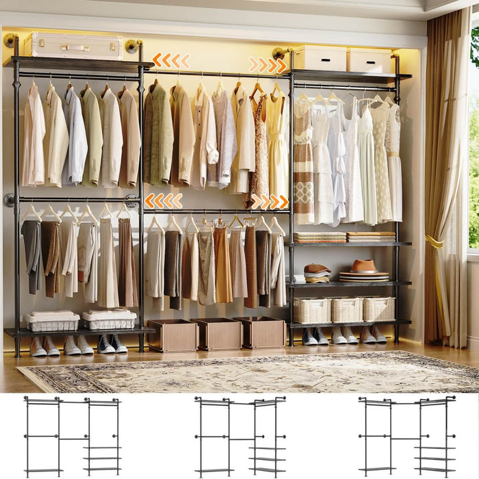 Expandable Industrial Pipe Clothing Rack, with 6 Storage Shelves