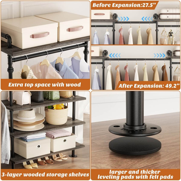 Expandable Industrial Pipe Clothing Rack, with 6 Storage Shelves