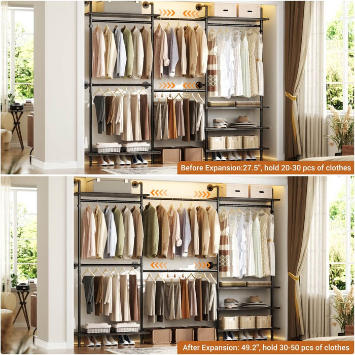 Expandable Industrial Pipe Clothing Rack, with 6 Storage Shelves