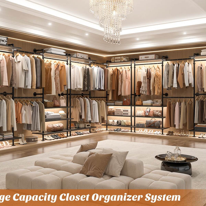 Expandable Industrial Pipe Clothing Rack, with 6 Storage Shelves