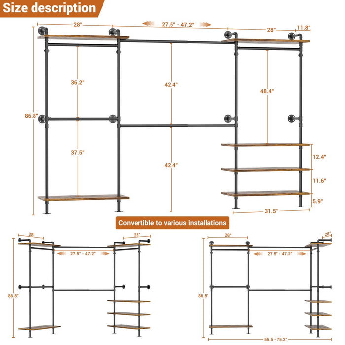 Expandable Industrial Pipe Clothing Rack, with 6 Storage Shelves