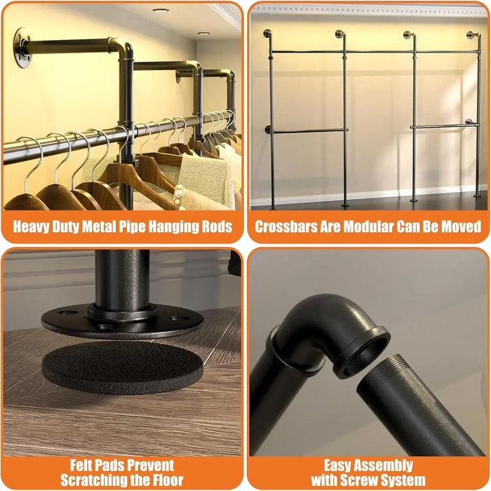 3.5 - 13 FT Wall Mounted Industrial Metal Pipe Clothing Rack, Reversible