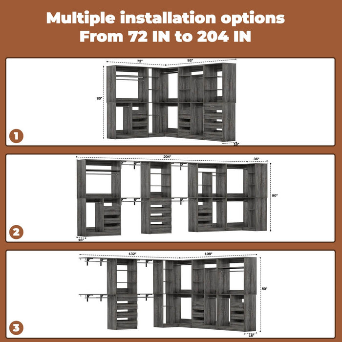 Walk-In Closet Organizer System with Corner, 4 Sets, 72-204 Inch Adjustable