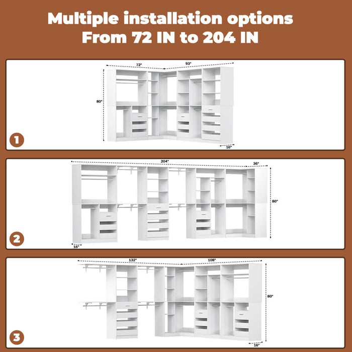 Walk-In Closet Organizer System with Corner, 4 Sets, 72-204 Inch Adjustable