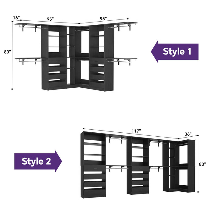 95'' - 132'' Closet System with Drawers, Shelves & Corner Closet, Set of 3