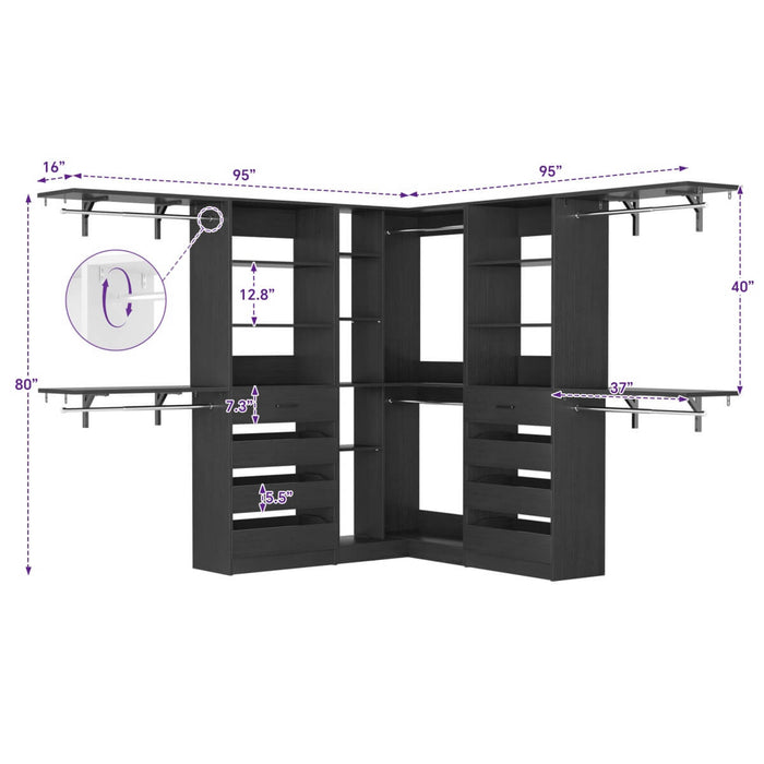 95'' - 132'' Closet System with Drawers, Shelves & Corner Closet, Set of 3