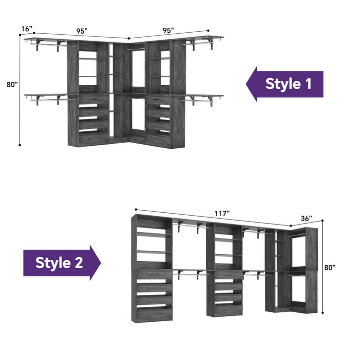 95'' - 132'' Closet System with Drawers, Shelves & Corner Closet, Set of 3