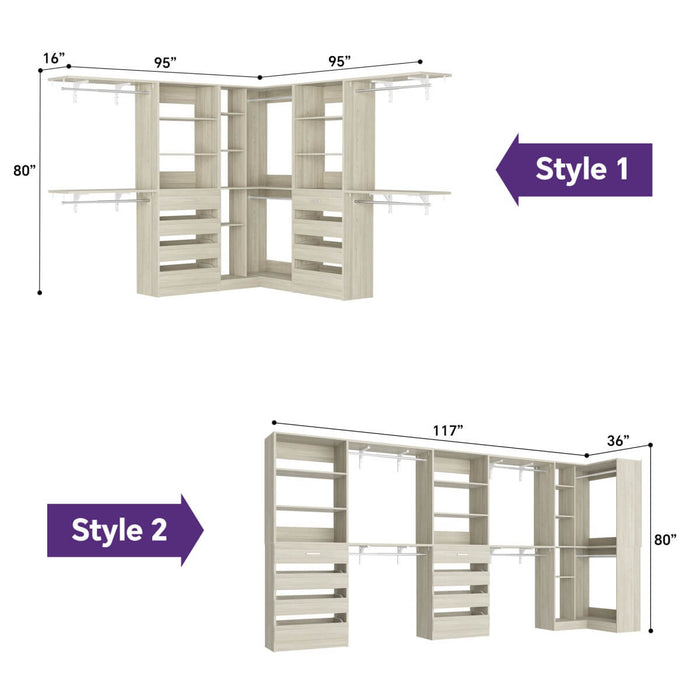 95'' - 132'' Closet System with Drawers, Shelves & Corner Closet, Set of 3