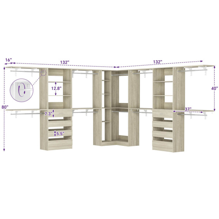 95'' - 132'' Closet System with Drawers, Shelves & Corner Closet, Set of 3