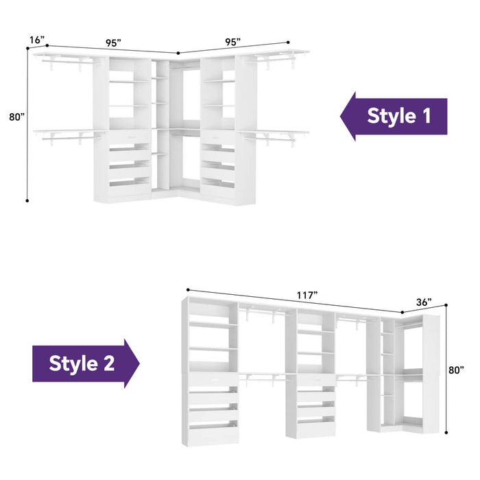 95'' - 132'' Closet System with Drawers, Shelves & Corner Closet, Set of 3