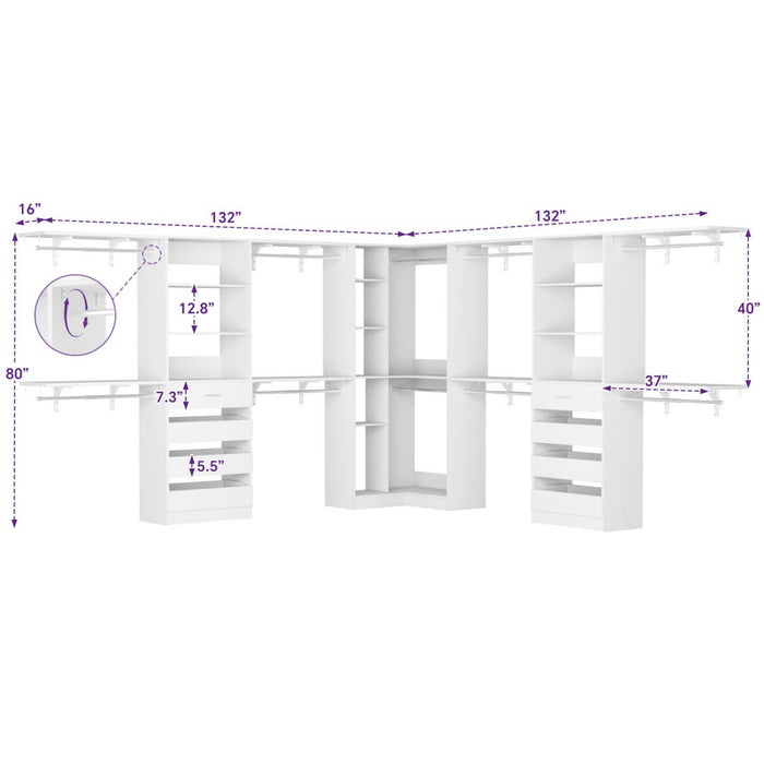95'' - 132'' Closet System with Drawers, Shelves & Corner Closet, Set of 3