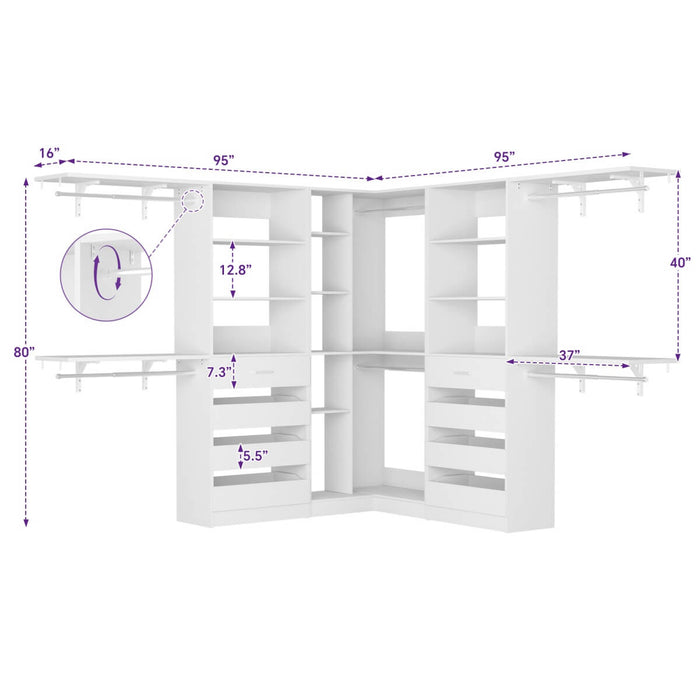 95'' - 132'' Closet System with Drawers, Shelves & Corner Closet, Set of 3