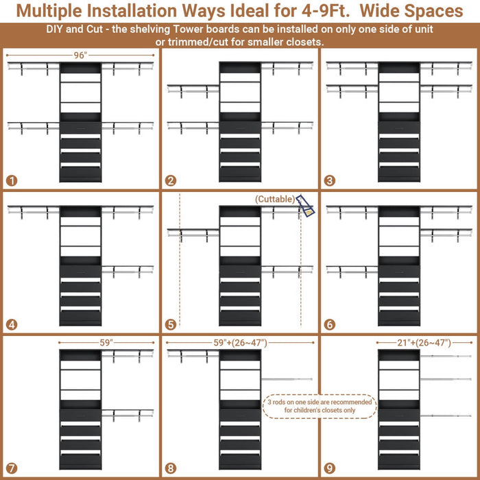 8FT Closet System with 4 Wooden Drawers, Closet Organizer with 4 Hanging Rods & Shelf Towers