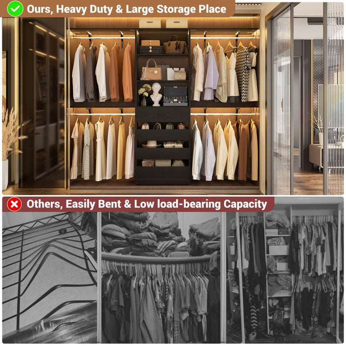 8FT Closet System with 4 Wooden Drawers, Closet Organizer with 4 Hanging Rods & Shelf Towers