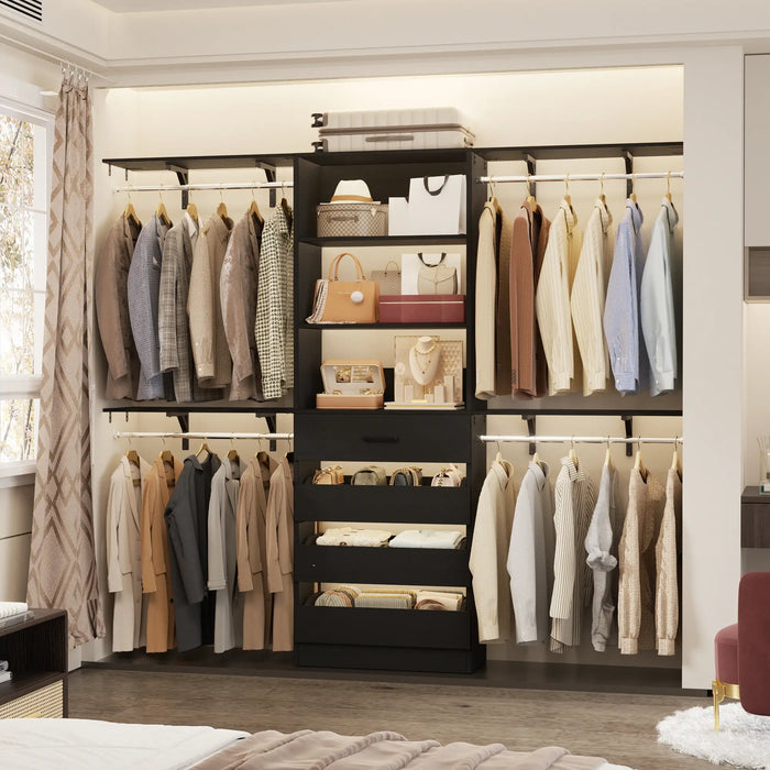 8FT Closet System with 4 Wooden Drawers, Closet Organizer with 4 Hanging Rods & Shelf Towers