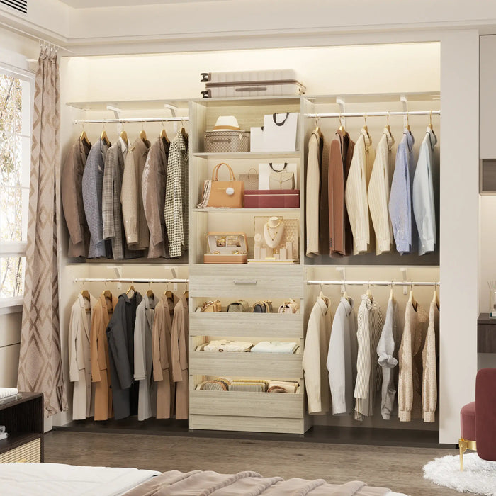 8FT Closet System with 4 Wooden Drawers, Closet Organizer with 4 Hanging Rods & Shelf Towers
