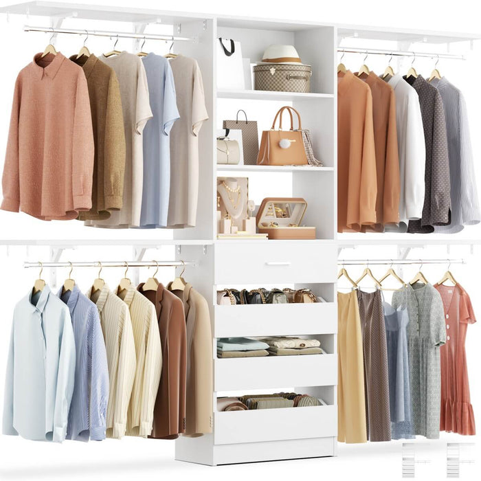 8FT Closet System with 4 Wooden Drawers, Closet Organizer with 4 Hanging Rods & Shelf Towers