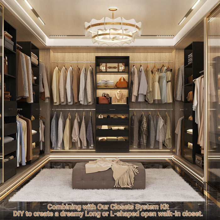 8FT White Walk in Closet System with 4 Wooden Drawers & 4 Hanging Rods