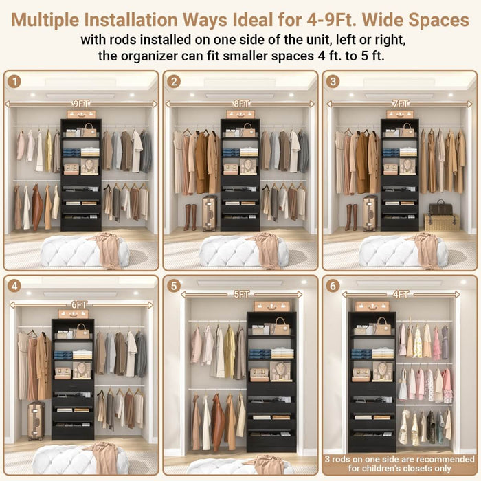 8FT White Walk in Closet System with 4 Wooden Drawers & 4 Hanging Rods