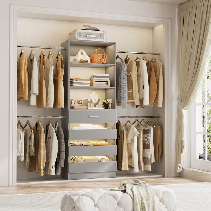 8FT White Walk in Closet System with 4 Wooden Drawers & 4 Hanging Rods