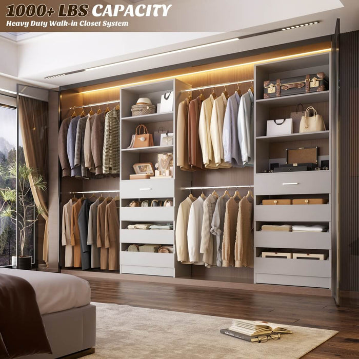 8FT White Walk in Closet System with 4 Wooden Drawers & 4 Hanging Rods