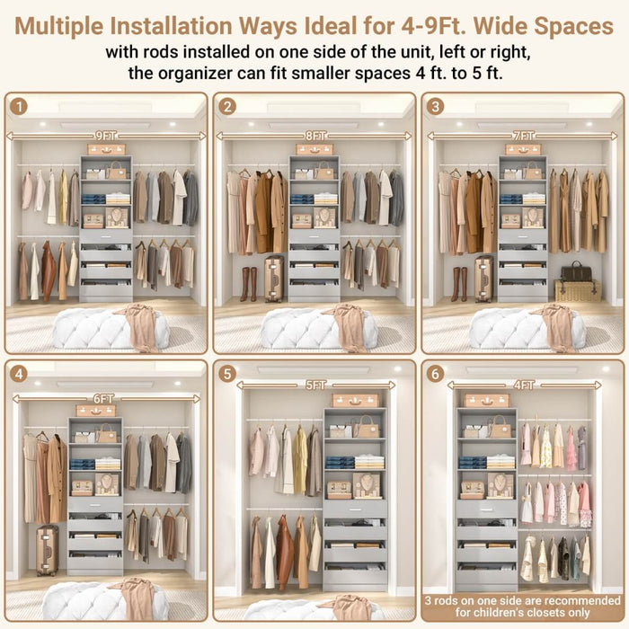 8FT White Walk in Closet System with 4 Wooden Drawers & 4 Hanging Rods