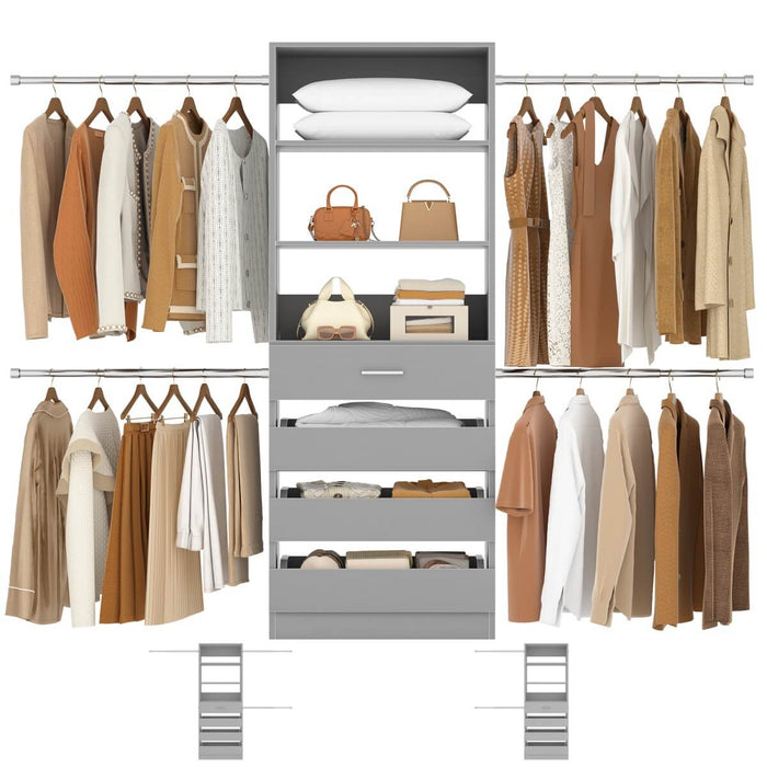 8FT White Walk in Closet System with 4 Wooden Drawers & 4 Hanging Rods