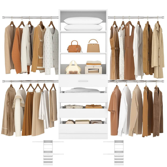 8FT White Walk in Closet System with 4 Wooden Drawers & 4 Hanging Rods