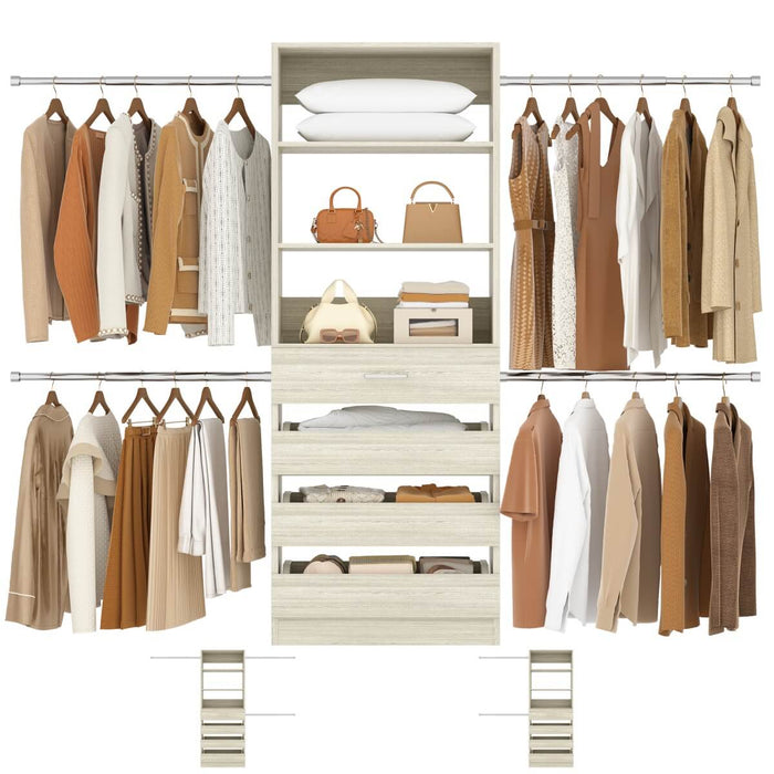 8FT White Walk in Closet System with 4 Wooden Drawers & 4 Hanging Rods