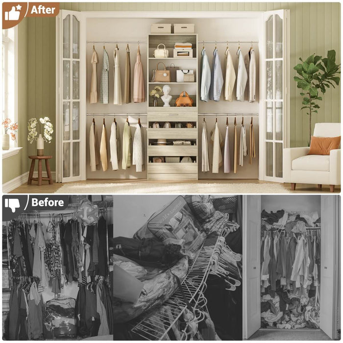 8FT White Walk in Closet System with 4 Wooden Drawers & 4 Hanging Rods