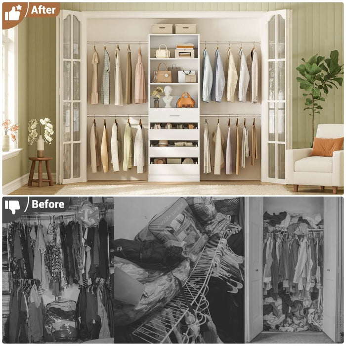 8FT White Walk in Closet System with 4 Wooden Drawers & 4 Hanging Rods