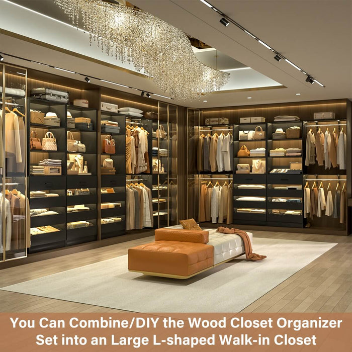 80 - 117 Inch Closet System with 8 Wooden Drawers, 4 Hanging Rods & Shelf Towers, Set of 2