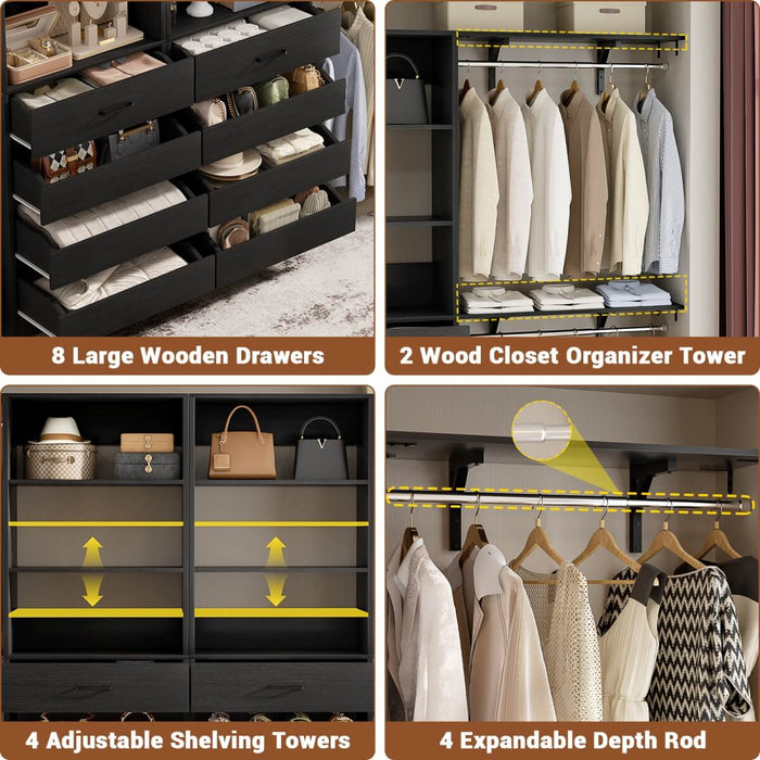 80 - 117 Inch Closet System with 8 Wooden Drawers, 4 Hanging Rods & Shelf Towers, Set of 2