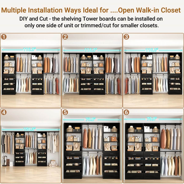 80 - 117 Inch Closet System with 8 Wooden Drawers, 4 Hanging Rods & Shelf Towers, Set of 2