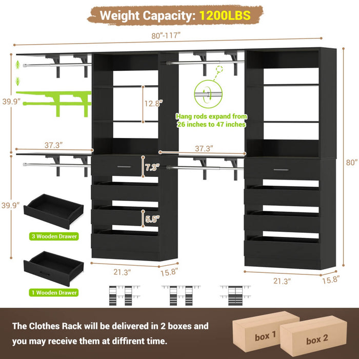 80 - 117 Inch Closet System with 8 Wooden Drawers, 4 Hanging Rods & Shelf Towers, Set of 2