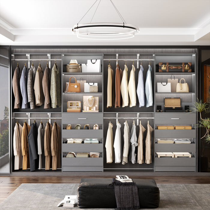 80 - 117 Inch Closet System with 8 Wooden Drawers, 4 Hanging Rods & Shelf Towers, Set of 2