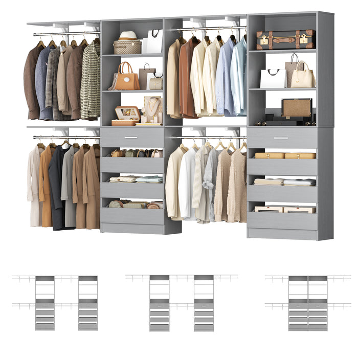 80 - 117 Inch Closet System with 8 Wooden Drawers, 4 Hanging Rods & Shelf Towers, Set of 2