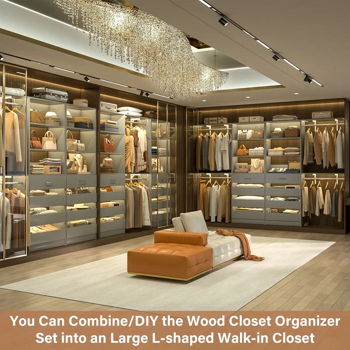 80 - 117 Inch Closet System with 8 Wooden Drawers, 4 Hanging Rods & Shelf Towers, Set of 2