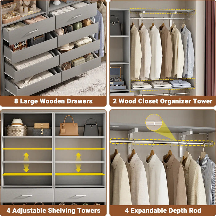 80 - 117 Inch Closet System with 8 Wooden Drawers, 4 Hanging Rods & Shelf Towers, Set of 2