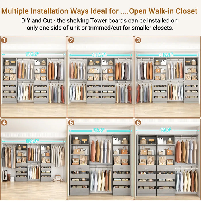 80 - 117 Inch Closet System with 8 Wooden Drawers, 4 Hanging Rods & Shelf Towers, Set of 2