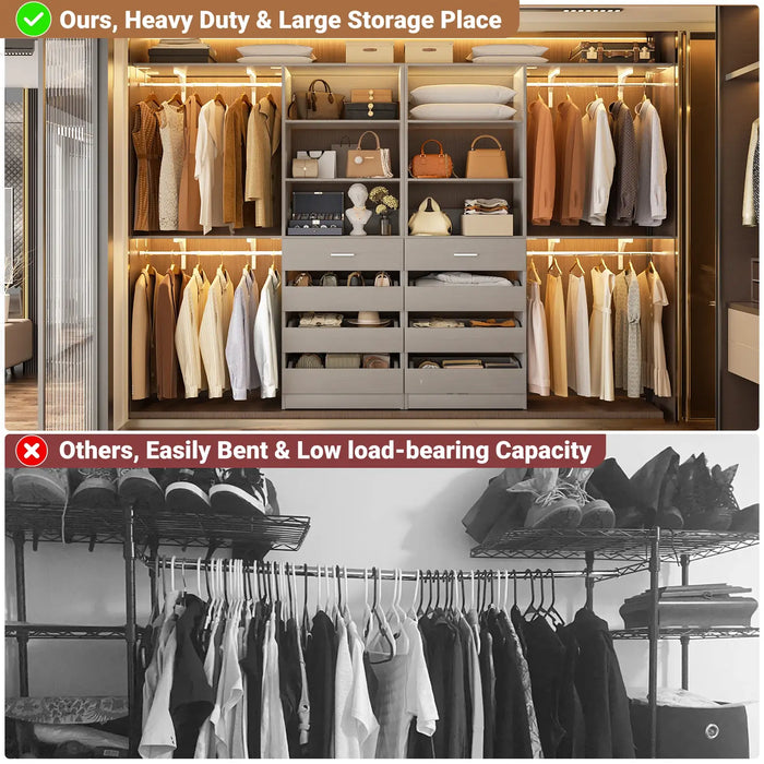 80 - 117 Inch Closet System with 8 Wooden Drawers, 4 Hanging Rods & Shelf Towers, Set of 2