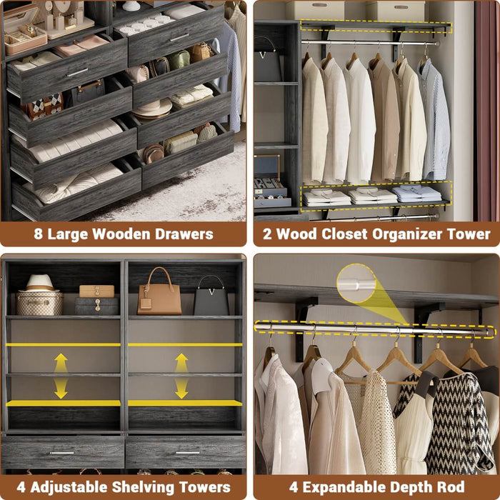 80 - 117 Inch Closet System with 8 Wooden Drawers, 4 Hanging Rods & Shelf Towers, Set of 2