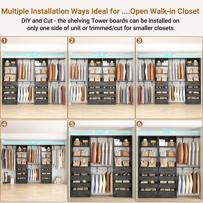 80 - 117 Inch Closet System with 8 Wooden Drawers, 4 Hanging Rods & Shelf Towers, Set of 2