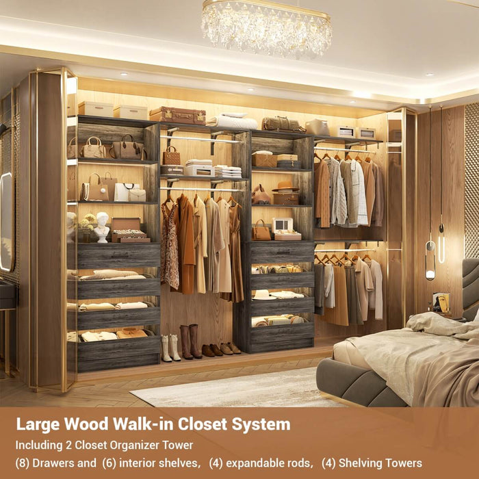 80 - 117 Inch Closet System with 8 Wooden Drawers, 4 Hanging Rods & Shelf Towers, Set of 2