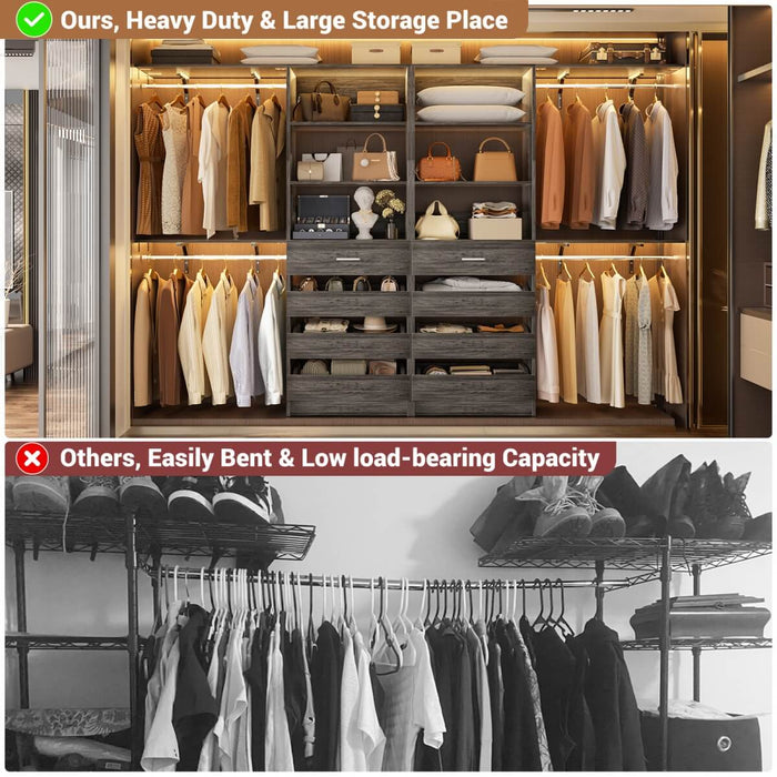 80 - 117 Inch Closet System with 8 Wooden Drawers, 4 Hanging Rods & Shelf Towers, Set of 2