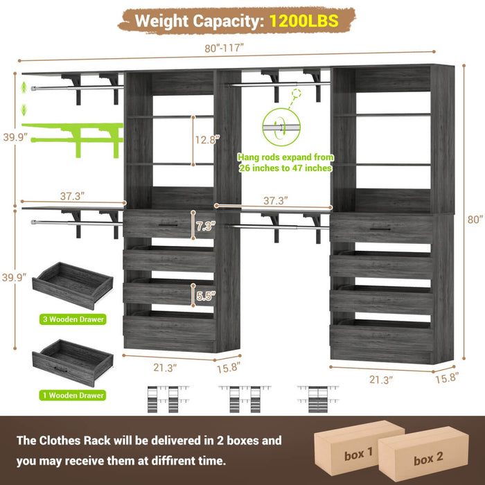 80 - 117 Inch Closet System with 8 Wooden Drawers, 4 Hanging Rods & Shelf Towers, Set of 2