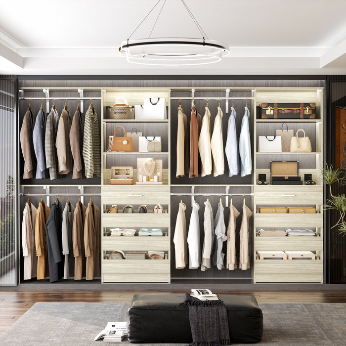 80 - 117 Inch Closet System with 8 Wooden Drawers, 4 Hanging Rods & Shelf Towers, Set of 2