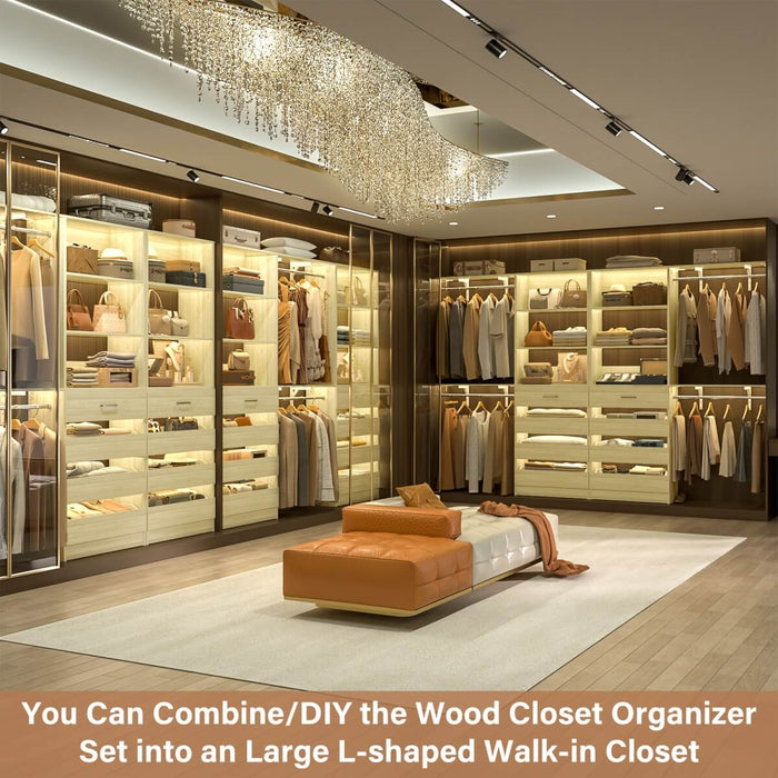 80 - 117 Inch Closet System with 8 Wooden Drawers, 4 Hanging Rods & Shelf Towers, Set of 2