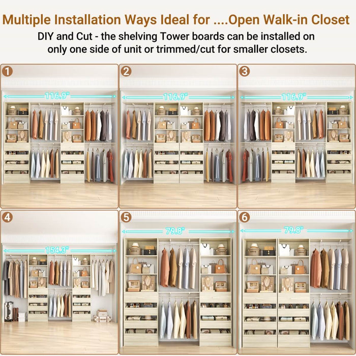 80 - 117 Inch Closet System with 8 Wooden Drawers, 4 Hanging Rods & Shelf Towers, Set of 2