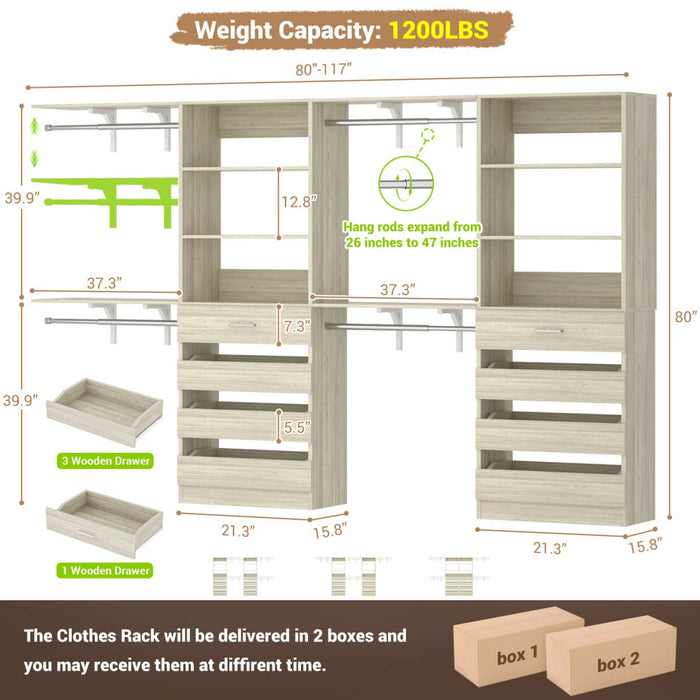 80 - 117 Inch Closet System with 8 Wooden Drawers, 4 Hanging Rods & Shelf Towers, Set of 2